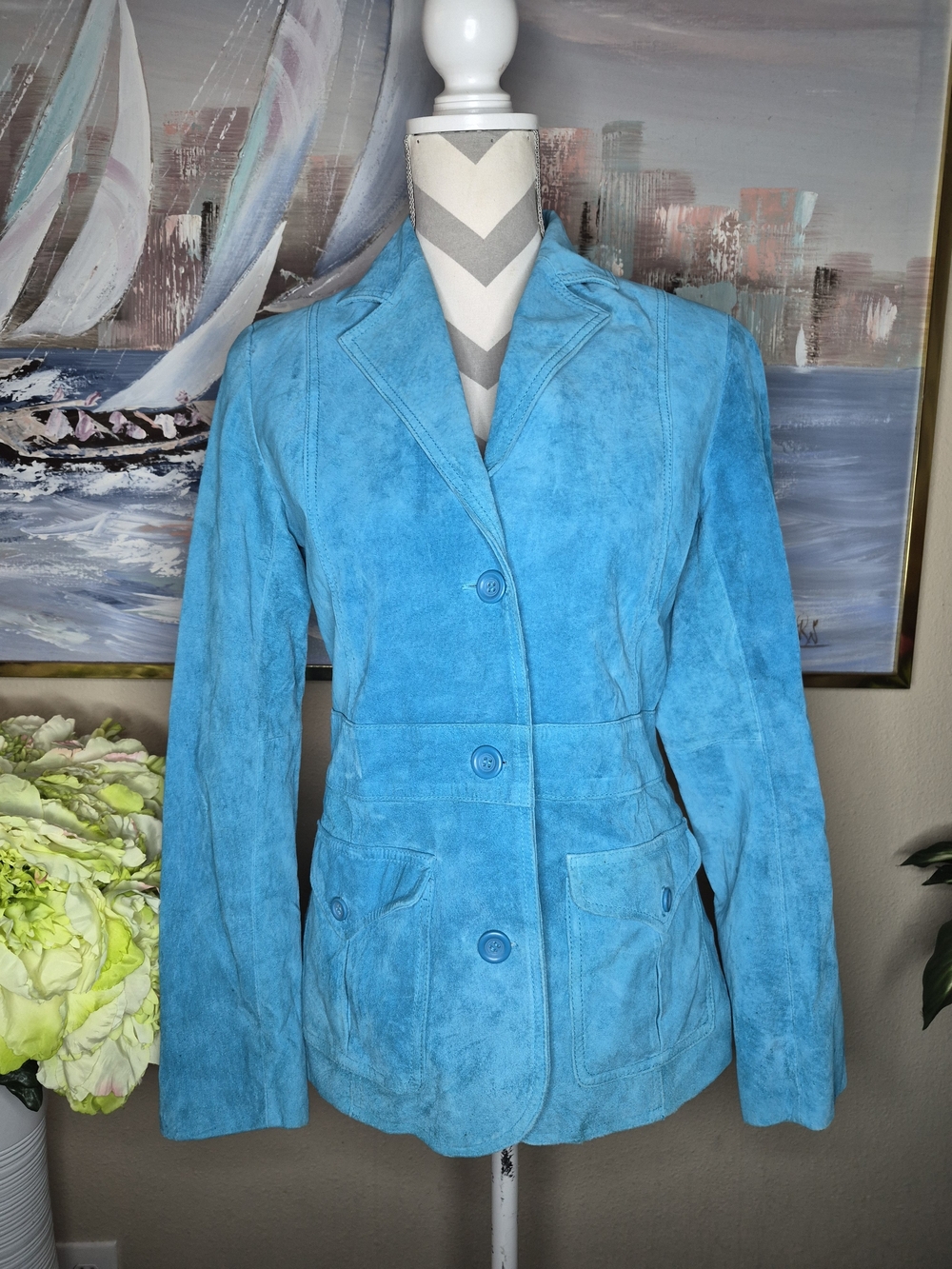 Turquoise Suede Button-Front Women's Jacket
